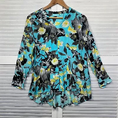 Blue Illusion Top Womens Medium Button Up Floral Long Sleeve Multicoloured • $5