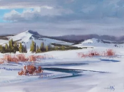 TOM HAAS Painting 'Morning Chill' Oil Colorado Snow River Mountains Clouds • $145