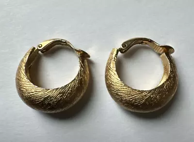 Vintage Brushed Matte Gold Tone Hoop Clip-On Signed CROWN TRIFARI Earrings • $44