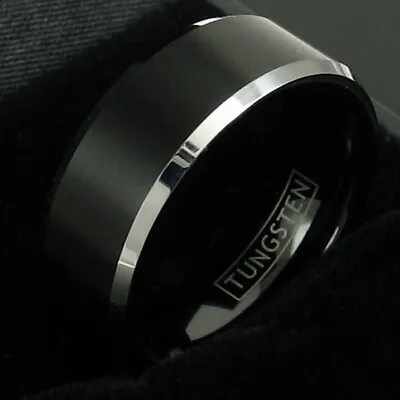 8mm Tungsten Ring Brushed Black With Silver Edge Men's Jewelry • $13.99