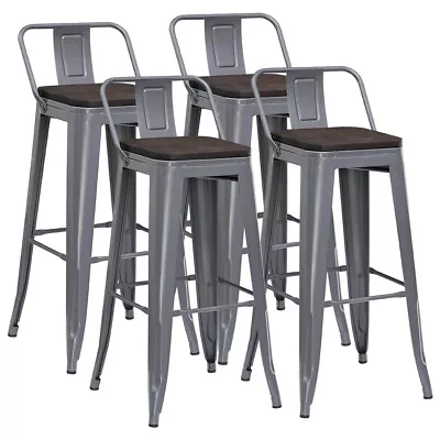 4pcs Metal Bar Stools30'' Gunmetal Modern Kitchen Breakfast Chair W/Wooden Seat • £132.95