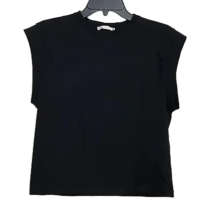 $8.53 • Buy ZARA Round Neck Dropped Armholes Black Ribbed Sleeve Cotton T-Shirt Top XS