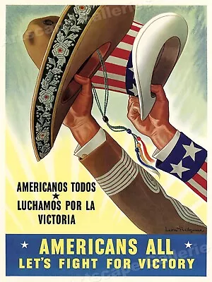 Americans All - Let's Fight For Victory 1940s Mexican American WW2 Poster  20x28 • $16.95