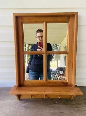 Vintage Honey Oak Wood Window Pane Mirror W/Shelf & 3 Hanging Pegs 25” Farmhouse • $50