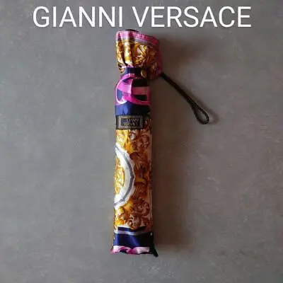 GIANNI VERSACE Folding Umbrella Baroque Pattern Navy/Pink Vintage Item • $174.17