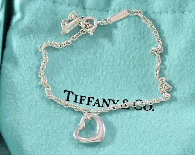 Tiffany & Co Sterling Silver Elsa Peretti Mini Open Heart 7.25  Bracelet & Pouch • $239.99