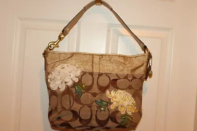 COACH Signature C Khaki Gold Leather Poppy Glam Shoulder Tote Bag 13826 • $49.56