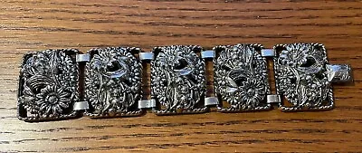 Vintage Sarah Coventry Bracelet Wide Chunky Floral Panel Victorian Silver Tone • $19.95