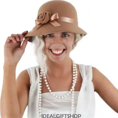 £8.99 • Buy Ladies 1920's 30's Flowerpot Hat & Pearl Necklace Set Gatsby Flapper Fancy Dress