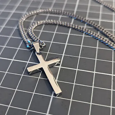 Stainless Steel 32mm Silver Cross Diamond Cut Cuban Chain Necklace Crucifix UK • £7.99