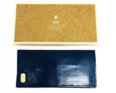 Vintage 1970's 1980's GUCCI Navy Leather Check Book Card Holder Wallet RARE Box • $290