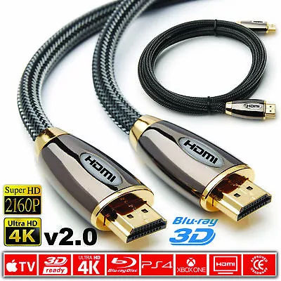 PREMIUM HDMI Cable V2.0 HD High Speed 4K 2160p 3D Lead 1m/2m/3m/5m/10m/15m/20m • £5.45