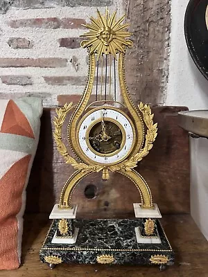 42cm Lyre Gold Bronze Marble Pendulum Louis XVI Empire 19th Century Clock • $1435.12