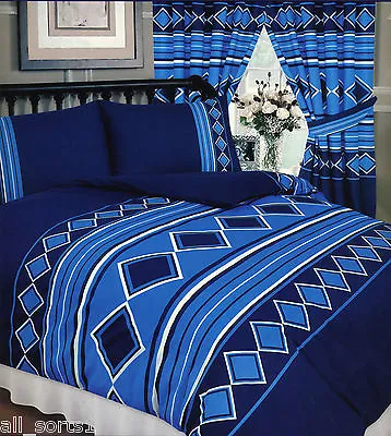 Men Only Nautical Blue Navy White Diamonds Stripe Squares King Size Duvet Set • £23.99