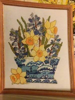 Hyacinth & Daffodil Flowers In Blue + White China Pot Sampler Cross Stitch Chart • £1.10