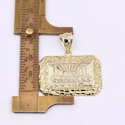 Rectangle Last Supper Textured Nugget Charm Pendant Real Solid 10K Yellow Gold • $560.98