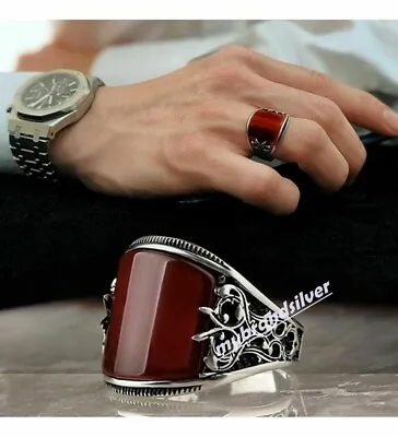 Solid 925 Sterling Silver Turkish Handmade Jewelry Red Agate Men's Ring All Size • $42