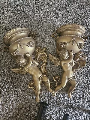 Vtg 15  Antique Gold Cherub Angel Wall Pocket Universal Statuary 15  Tall 1975 • $30