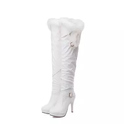 Womens Fur Top High Heel Buckle Pull On Riding Knee High Boots Shoes ALL US Sz • $44.70