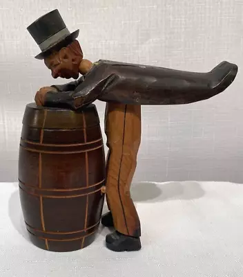 Vintage Wooden Moving Man Leaning On Barrel Match/Cigarette Box Wood Opens 7 H • $95