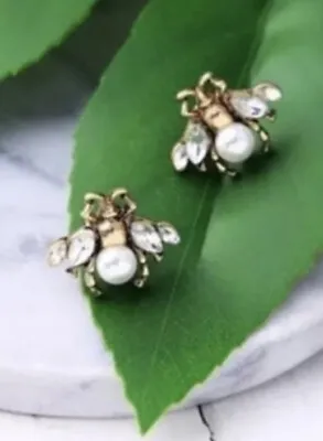 Vintage Antique Gold Tone Rhinestone Pearl Deco Mini Bee Shape Stud Post Earring • $14.95