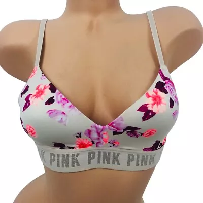 Victorias Secret PINK Wear Everywhere Wireless Lightly Lined Bra 34A Floral Nude • $14.99