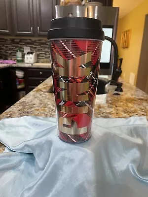 Victoria’s Secret PINK Tumbler Coffee Travel Mug Red Plaid Design Lid • $15