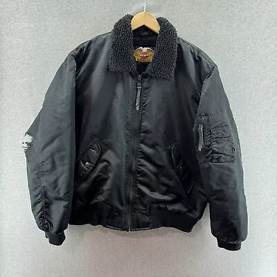 Vintage Harley Davidson Mens Jacket Black Large Fleece Lined Logos Collar Bomber • $20.90