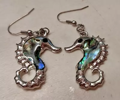 Abalone And Rhinestone Seahorse Earrings Silver Tone Dangle Large 1.5  • $9.99