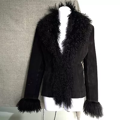 Vintage Black Real Suede Leather Afghan Mongolian Faux Fur Trim Coat • $87.12