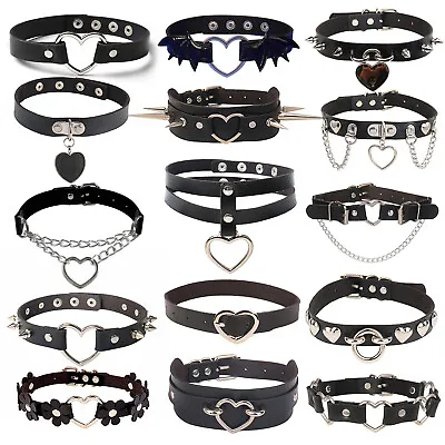 Gothic Punk Black PU Leather Spiked Rivet Heart-Ring Collar Stud Choker Necklace • £4.19