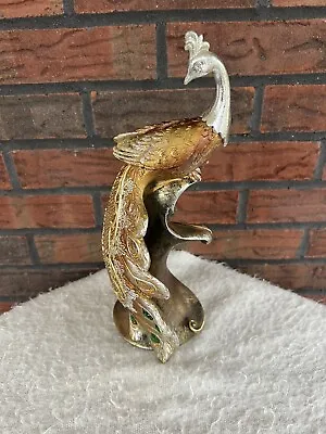 Vintage Peacock Silver Gold Green Jewels 12-1/2  Tall Home Decor • $29