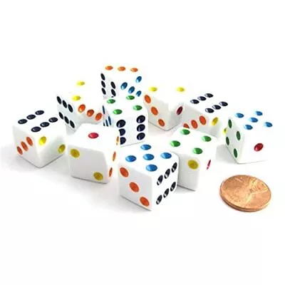 Games Set Of 10 Six Sided D6 16mm Standard Dice White With Multi-Color Pips • $9