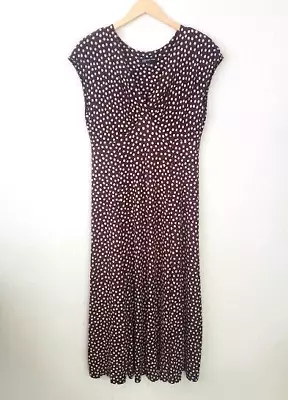 Jones New York Maxi Dress 40/50s Inspired Polka Dot Cap Sleeve Sz 14 Brown White • £21.68