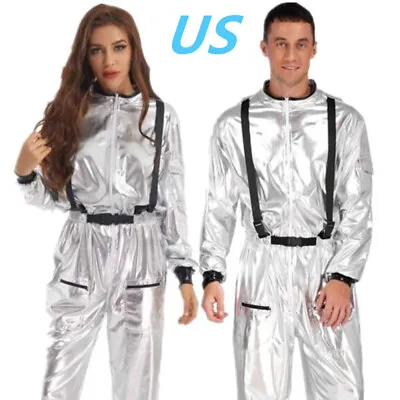 US Unisex Adult Astronaut Costume Space Suit Halloween Shiny Metallic Jumpsuit  • $29.39