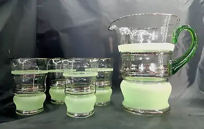 Vintage 1960s Green Frosted Glass Cocktail Jug 4 Glasses Tumblers • £24.99