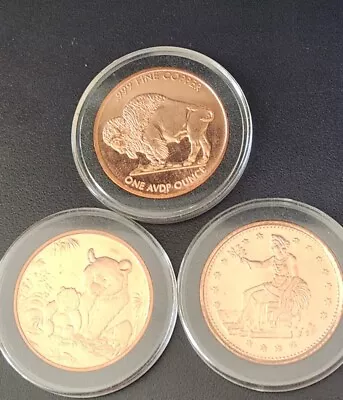 Lot Of 3 - 1 Oz. .999 Fine Copper Rounds In Capsules - 3 Different Designs • $0.99