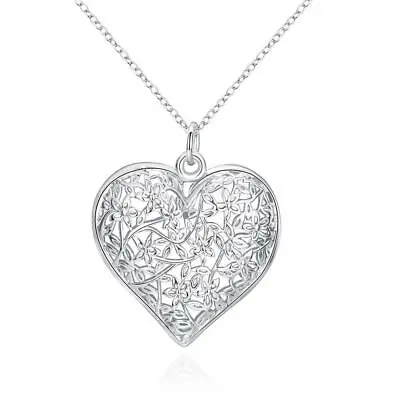 925 Sterling Silver Heart Necklace Filigree Lace Hollow Pendant Chain UK Seller • £4.15