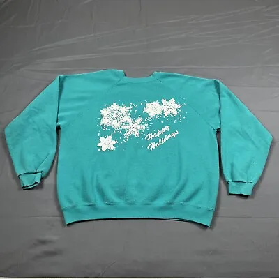 Vintage 90s Snowflake Christmas Holiday Crewneck Sweatshirt Large Blue Unisex  • $34.99