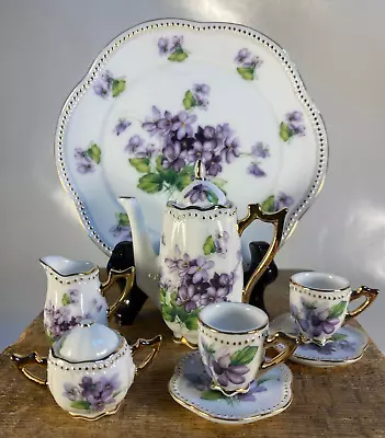 10pc Lot Mini Lavendar/White Gilded Porcelain TEA SET Teapot Sugar Creamer Cups • $19.99