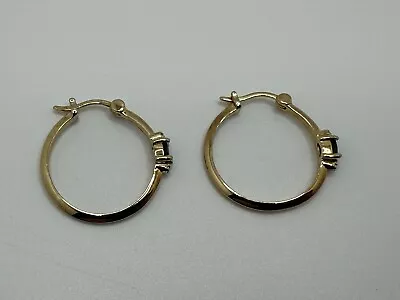 Vintage Gold Tone Round Blue Sapphire Small Hoop Earrings 925 Sterling Silver • $35