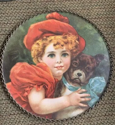 Vintage Flue Cover Victorian Style Girl Dog In Red Outfit Glass Chain Border 7”+ • $37.11