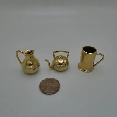 Vintage Miniature Tea Pot Pitcher Jug Tankard Figurines Gold Metal Dollhouse Lot • $15.99