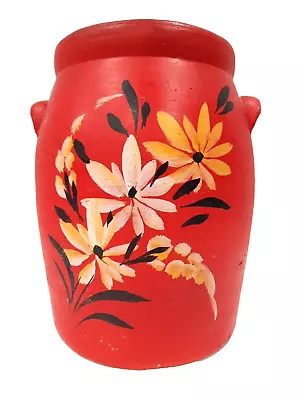 VTG Red Ransburg Stoneware Crock Pottery Cookie Jar W/Lid Hand Painted Folk Art • $29.19