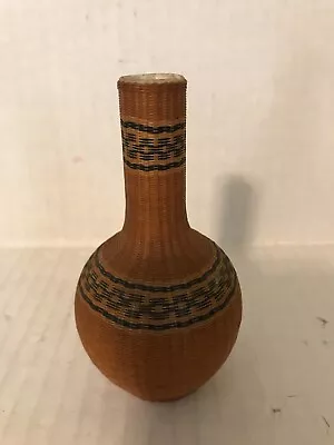 Vintage Hand Woven Bamboo Over Small Porcelain Bud Vase 4-1/4  • $10.99