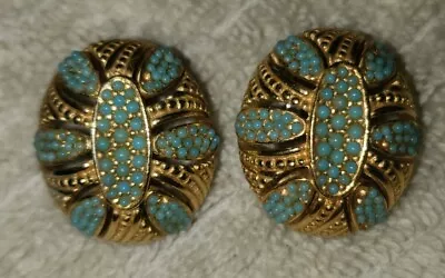 Vintage Signed Ciner Micro Faux Turquoise Goldtone Clip On Earrings • $10