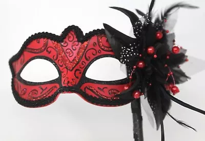 Stunning Red And Black Venetian Masquerade Party Ball Carnival Mask On A Stick • £16.95