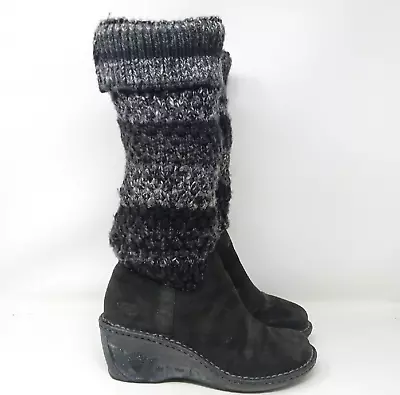 UGG 1935 Boots Womens Sz 6 Wedge Heels Leather Knit Top Black/Gray F8910G  #6-6 • $19.59