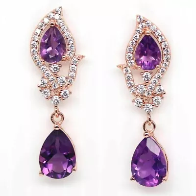 4.25 Ct Pear Cut Simulated Purple Amethyst Drop Earrings In 14k Rose Gold Plated • $119.99