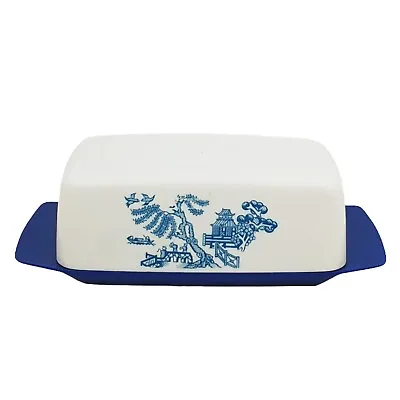 Vintage Plastic Butter Dish Village Blue And White VGC • $22.95